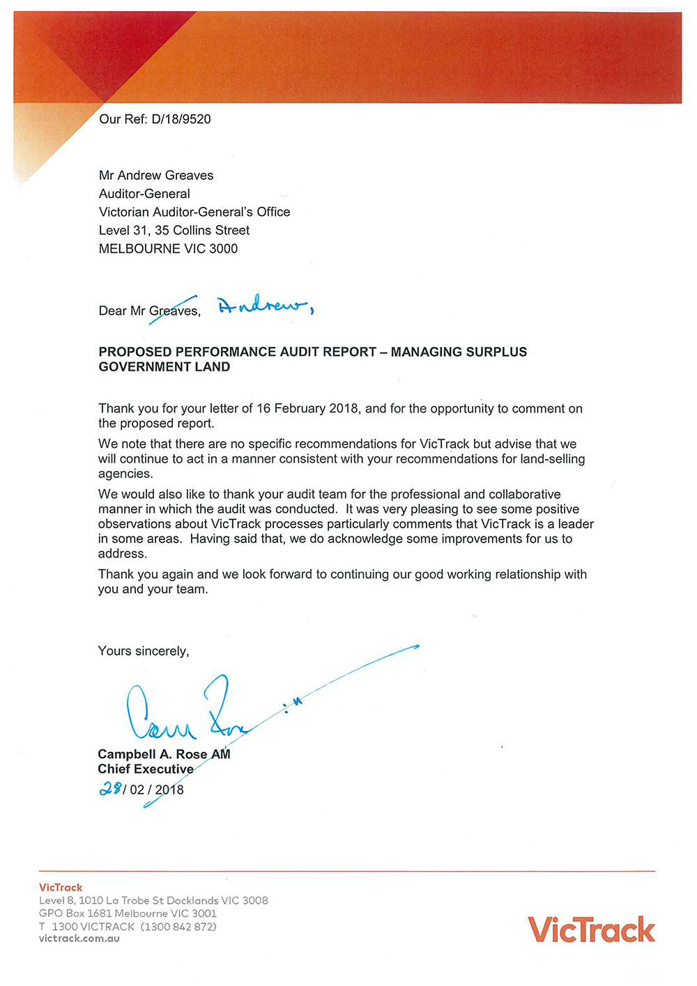 Response from the Chief Executive, VicTrack