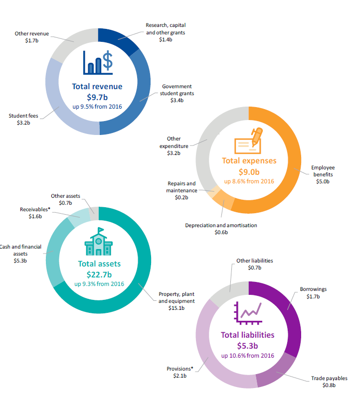 Charts illustrating the financial results of the university sector for the year ended 31 December 2017