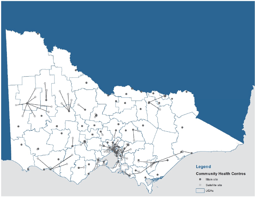 Map showing locations of community health services across Victoria