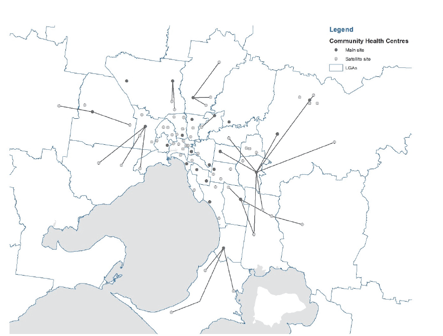 Map showing locations of Community health services across metropolitan Melbourne 
