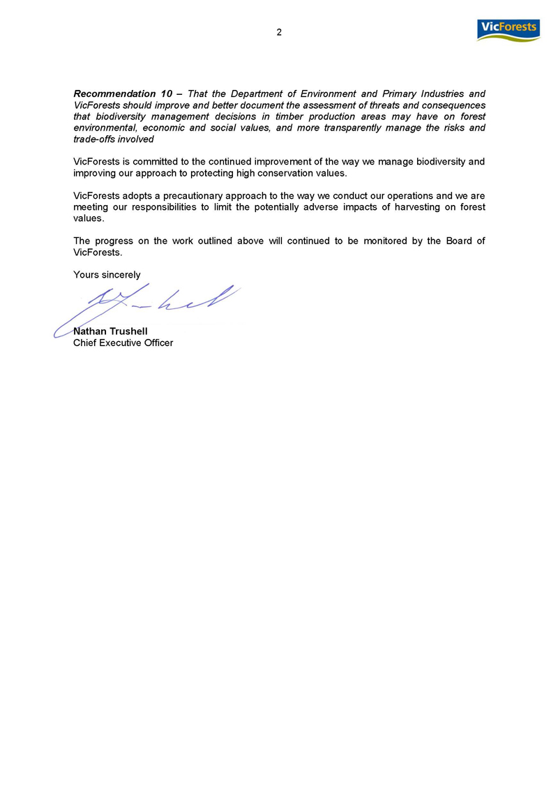 RESPONSE provided by the Chief Executive Officer, VicForests page 2