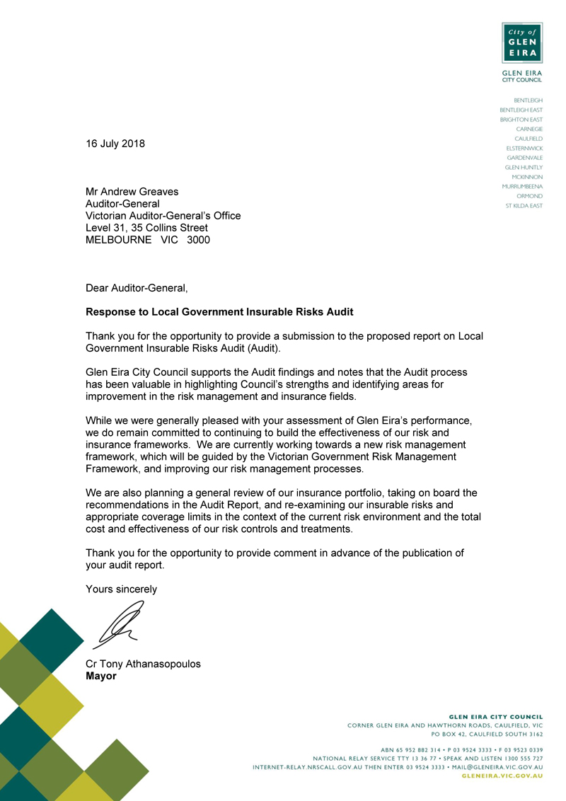 RESPONSE provided by the Mayor, Glen Eira