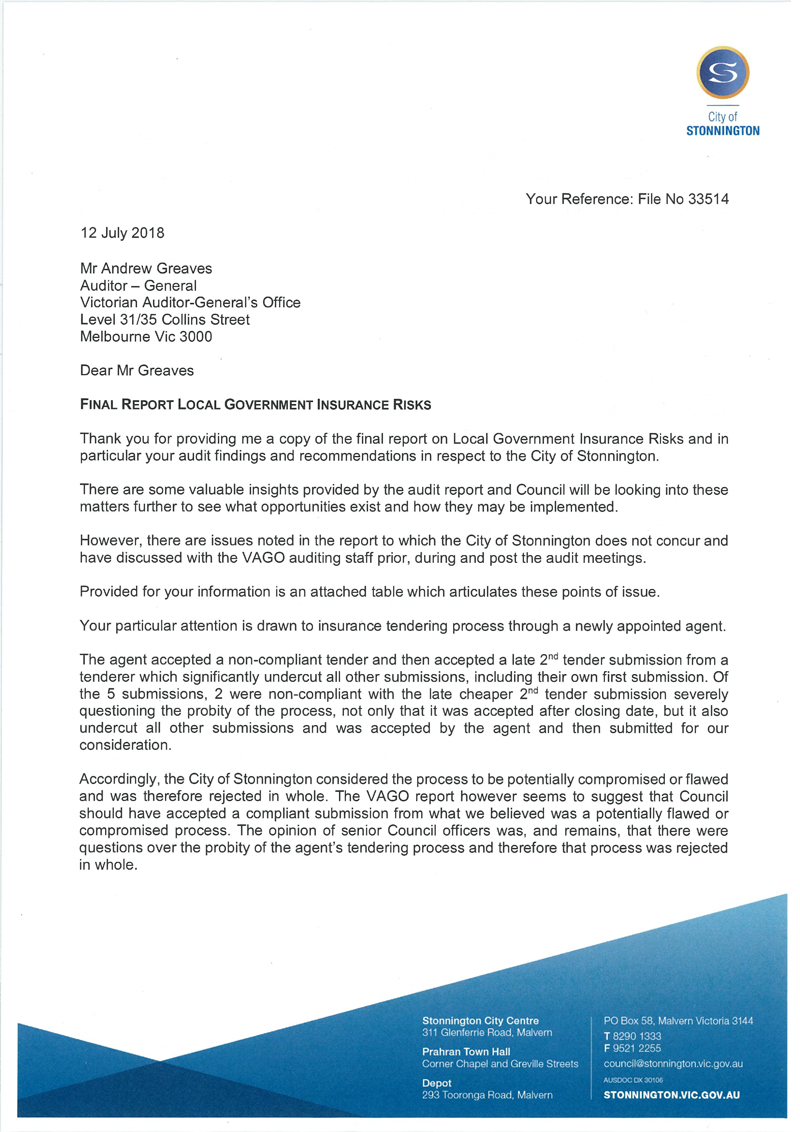 RESPONSE provided by the Mayor, Stonnington, page 1