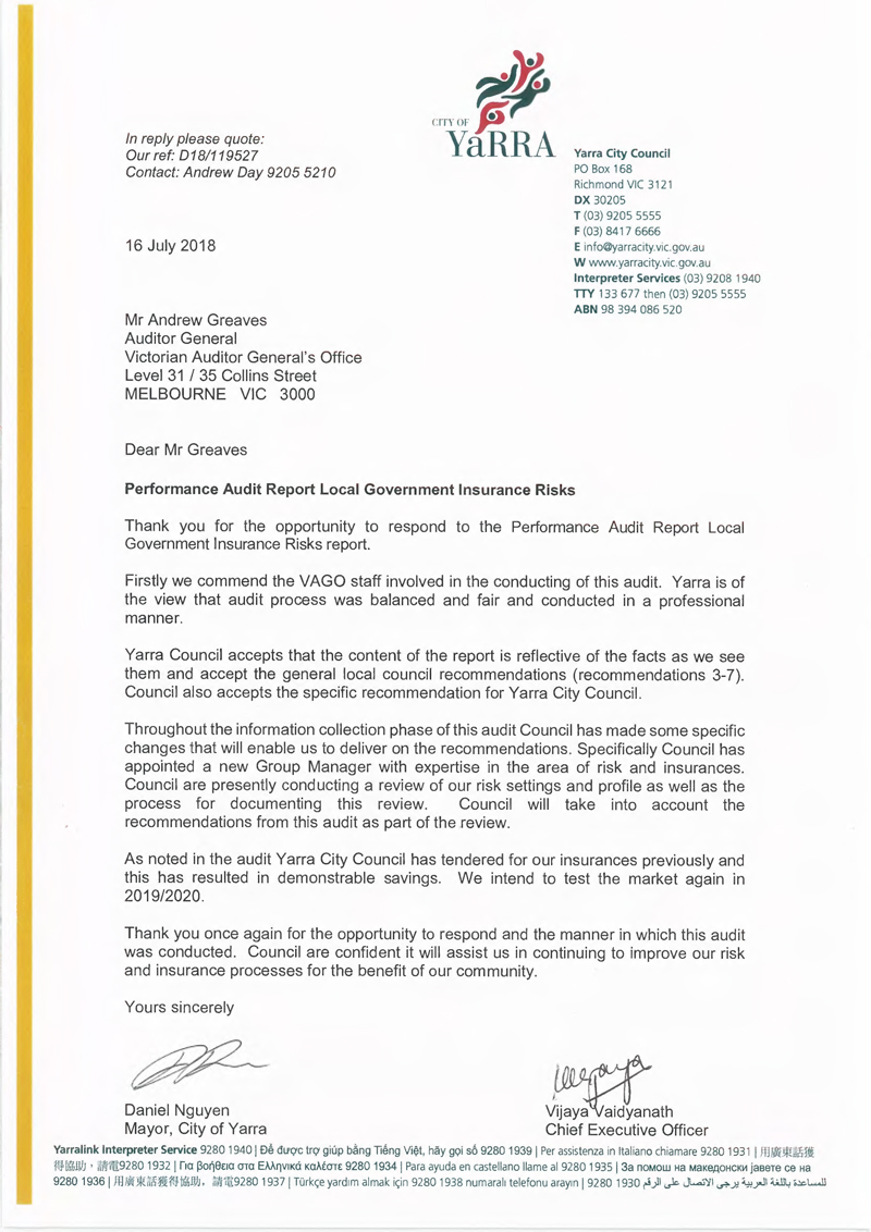 RESPONSE provided by the Mayor and Chief Executive Officer, Yarra