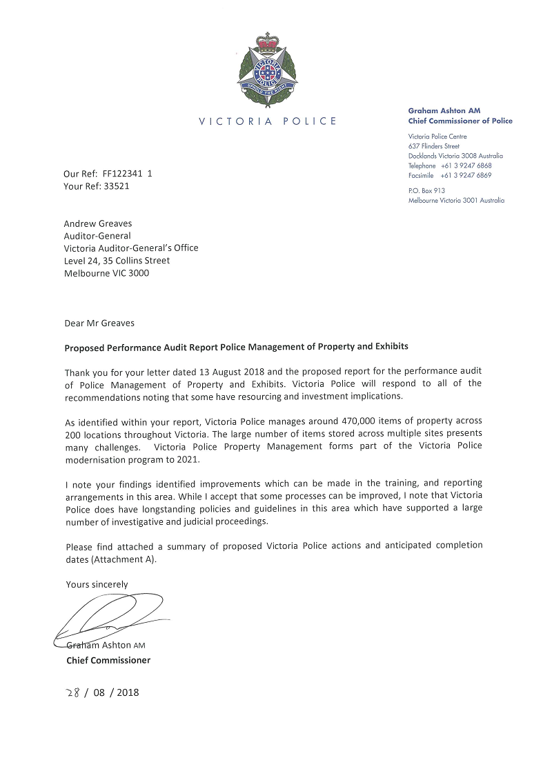 RESPONSE provided by the Chief Commissioner, Victoria Police