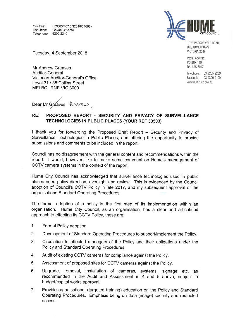 RESPONSE provided by the Chief Executive Officer, Hume, page 1