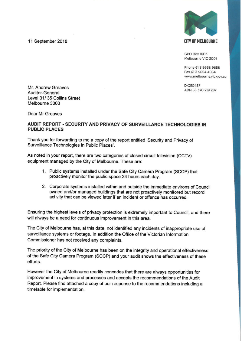 RESPONSE provided by the Chief Executive Officer, Melbourne, page 1