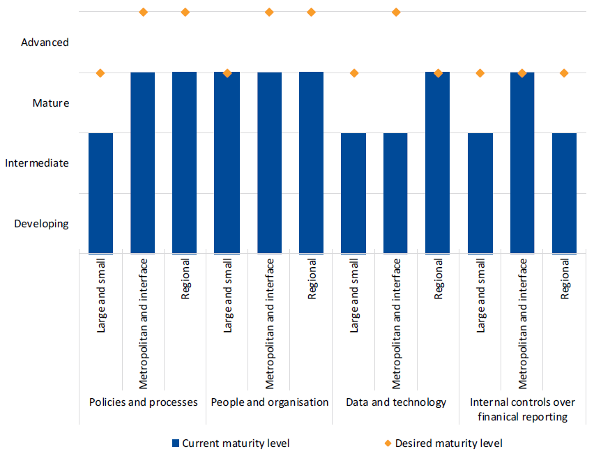 Graph summarising the results of the self-assessment questionnaire based on the categories metropolitan and interface councils, regional city councils and large and small shire councils.