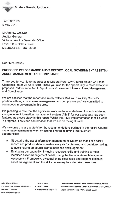 RESPONSE provided by Chief Executive Officer, Mildura Rural City Council