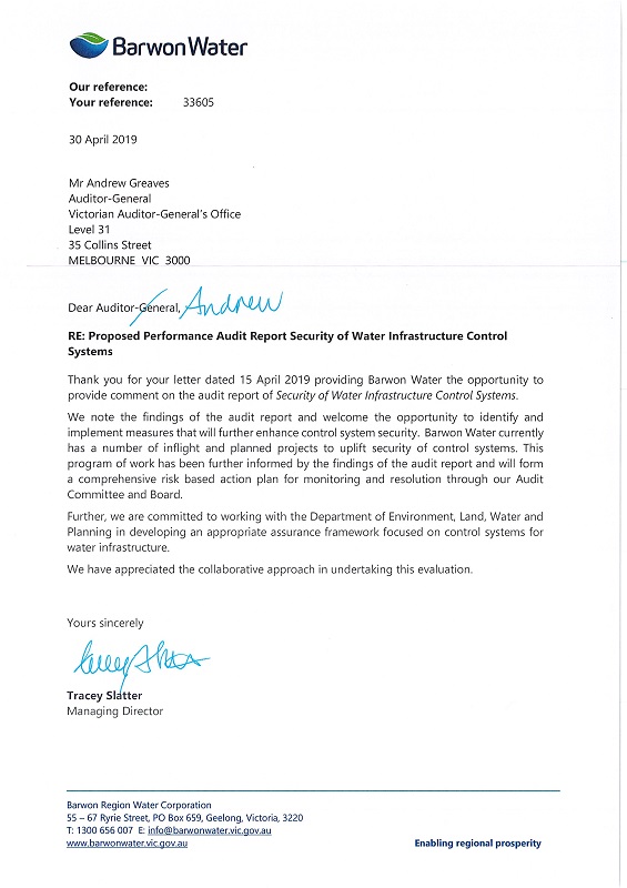 RESPONSE provided by the Managing Director, Barwon Water
