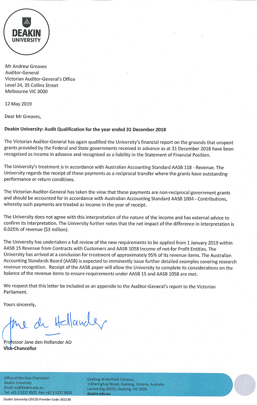 RESPONSE provided by the Vice-Chancellor, Deakin University