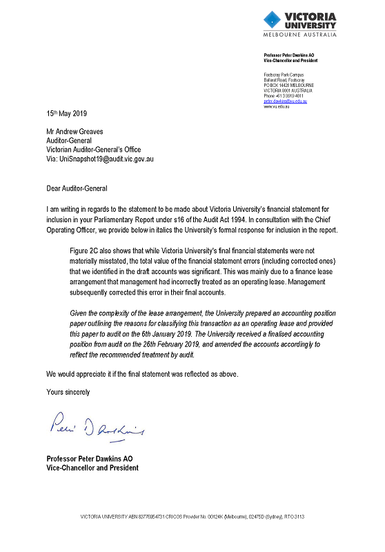 RESPONSE provided by the Vice-Chancellor and President, Victoria University