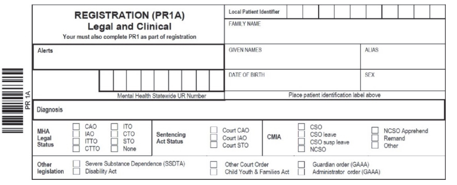 Figure 4C shows an excerpt of mental health service registration form PR1A, which health services complete for all mental health clients