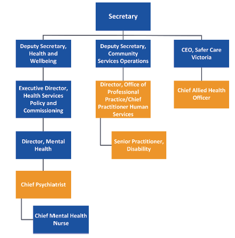 Figure 4J shows the position of the Chief Psychiatrist and Chief Practitioners for child protection, disability services, and allied health in the DHHS organisational structure