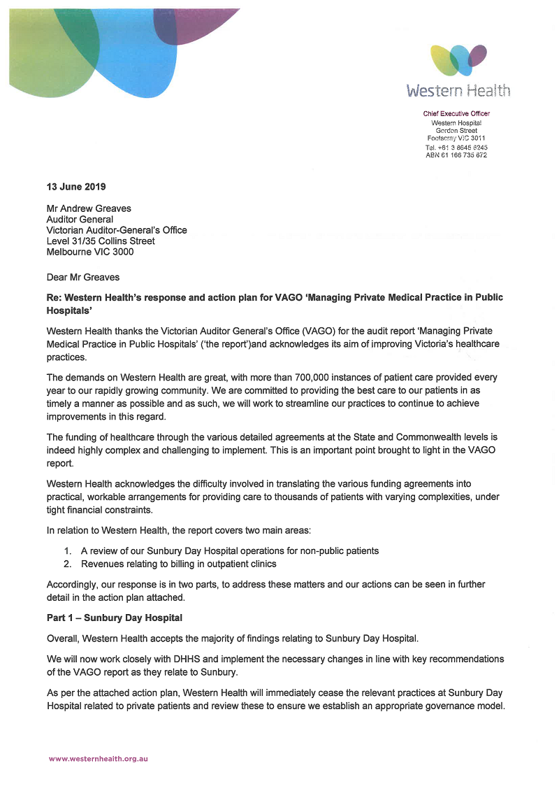 RESPONSE provided by the Chief Executive Officer, Western Health