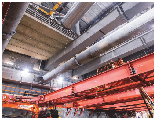 The access shafts at the State Library precinct originally used concrete and tubular struts (seen at the top of the photo) but this was later replaced with the orange modular steel struts requested by the PPP consortium. Photograph courtesy of RPV.