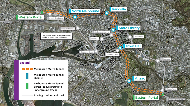 Figure 1D shows the tunnel alignment through the CBD and the location of the CBD stations in relation to the current CBD train lines and stations.