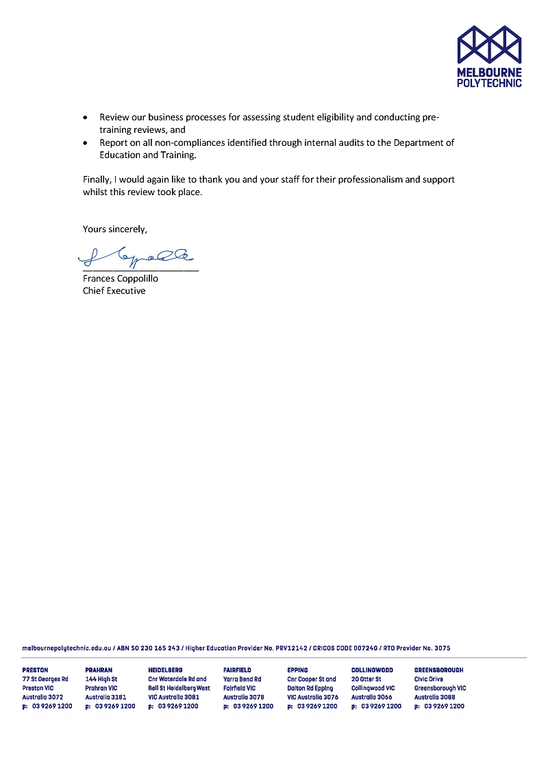 RESPONSE provided by the Chief Executive, Melbourne Polytechnic, pg 2