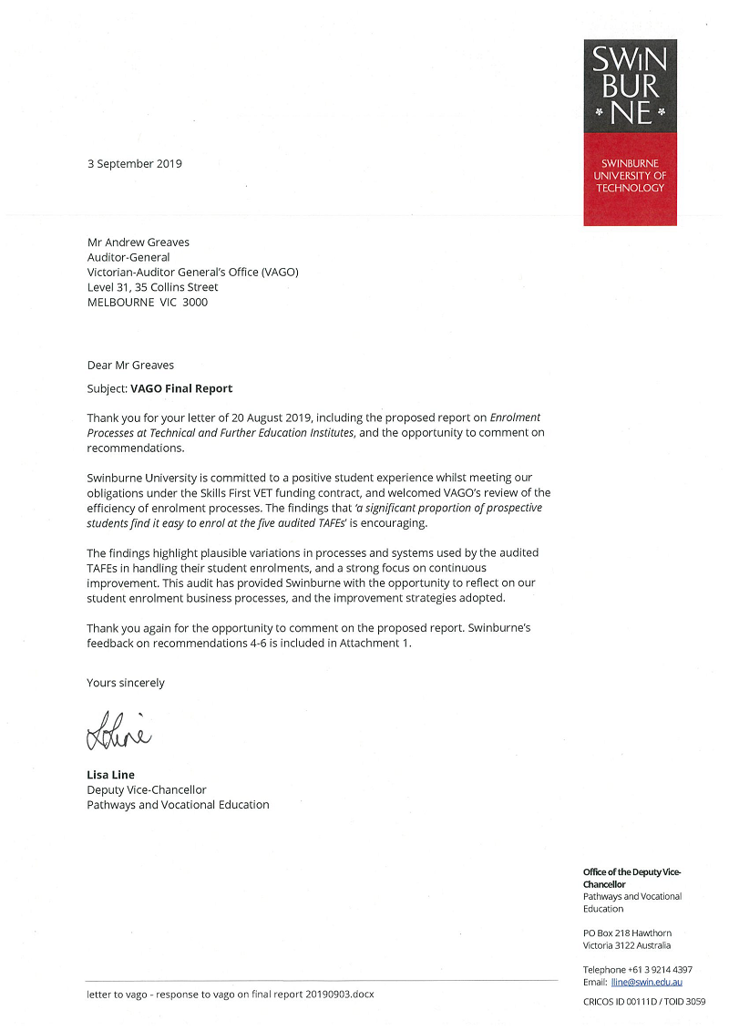 RESPONSE provided by the Deputy Vice-Chancellor, Swinburne