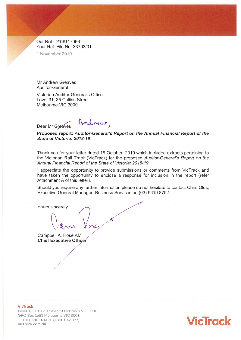 RESPONSE provided by the Chief Executive Officer, Victorian Rail Track, pg1