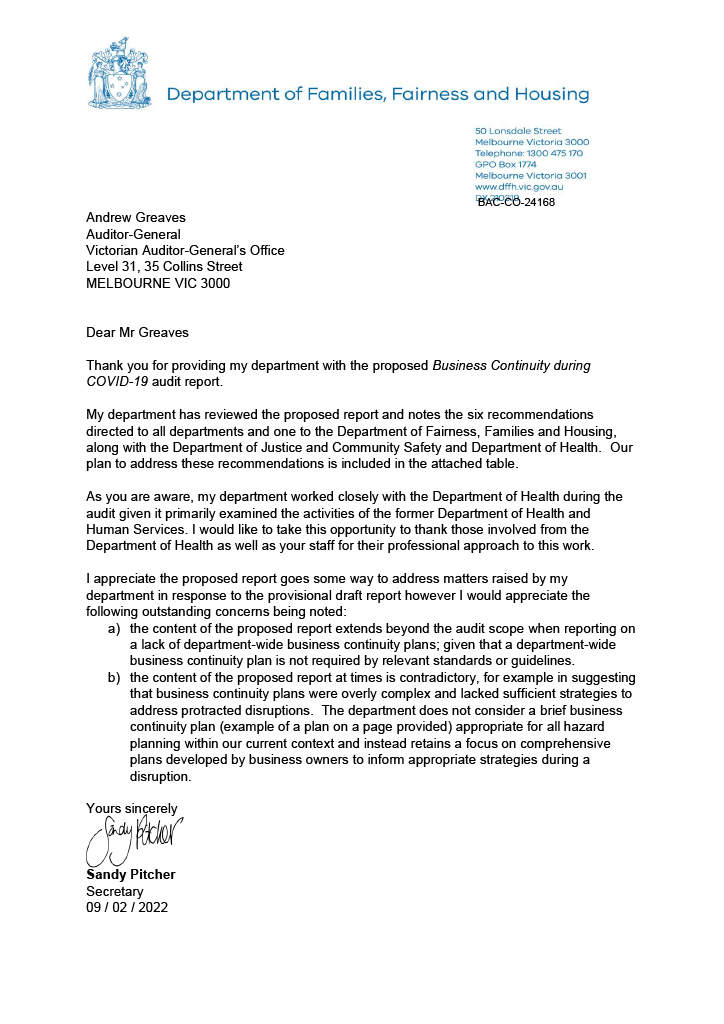 DFFH response letter