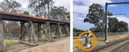 Two images: a wooden railway bridge; a guy anchor base.