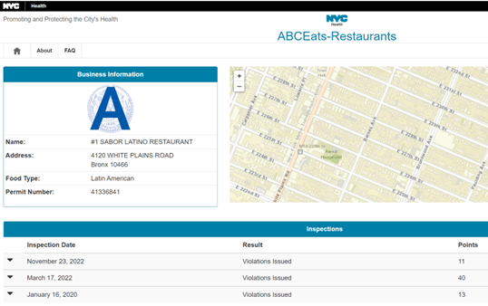 Screenshot of ABCEats website showing (redacted) business information (name, address, food type, permit number), a map and a list of inspection dates with results of inspection.