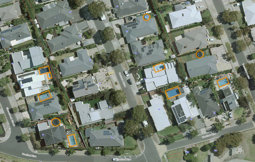 Figure 8 is an aerial photograph of a suburb. Light and dark blue shapes that look like pools are highlighted with orange circles and rectangles.