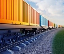 Rendering of a long freight train carrying colourful shipping containers.