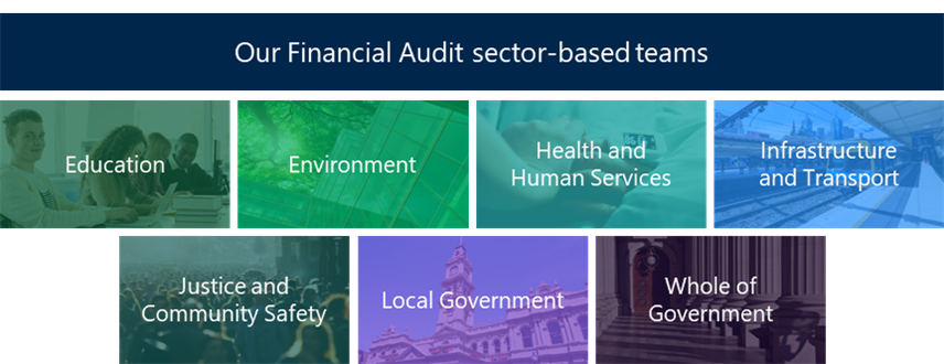 Our Financial Audit teams are based on the following sectors: education; environment; health and human services; infrastructure and transport; justice and community safety; local government; and whole of government.