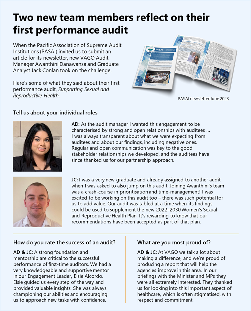 Composite image introducing 2 recent VAGO recruits, who describe their roles, how they rate the success of an audit and what they are most proud of.