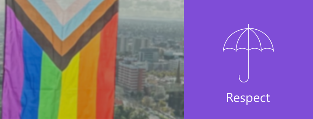 Composite image showing an LGBTQI+ flag against a cityscape and an icon titled ‘Respect’.
