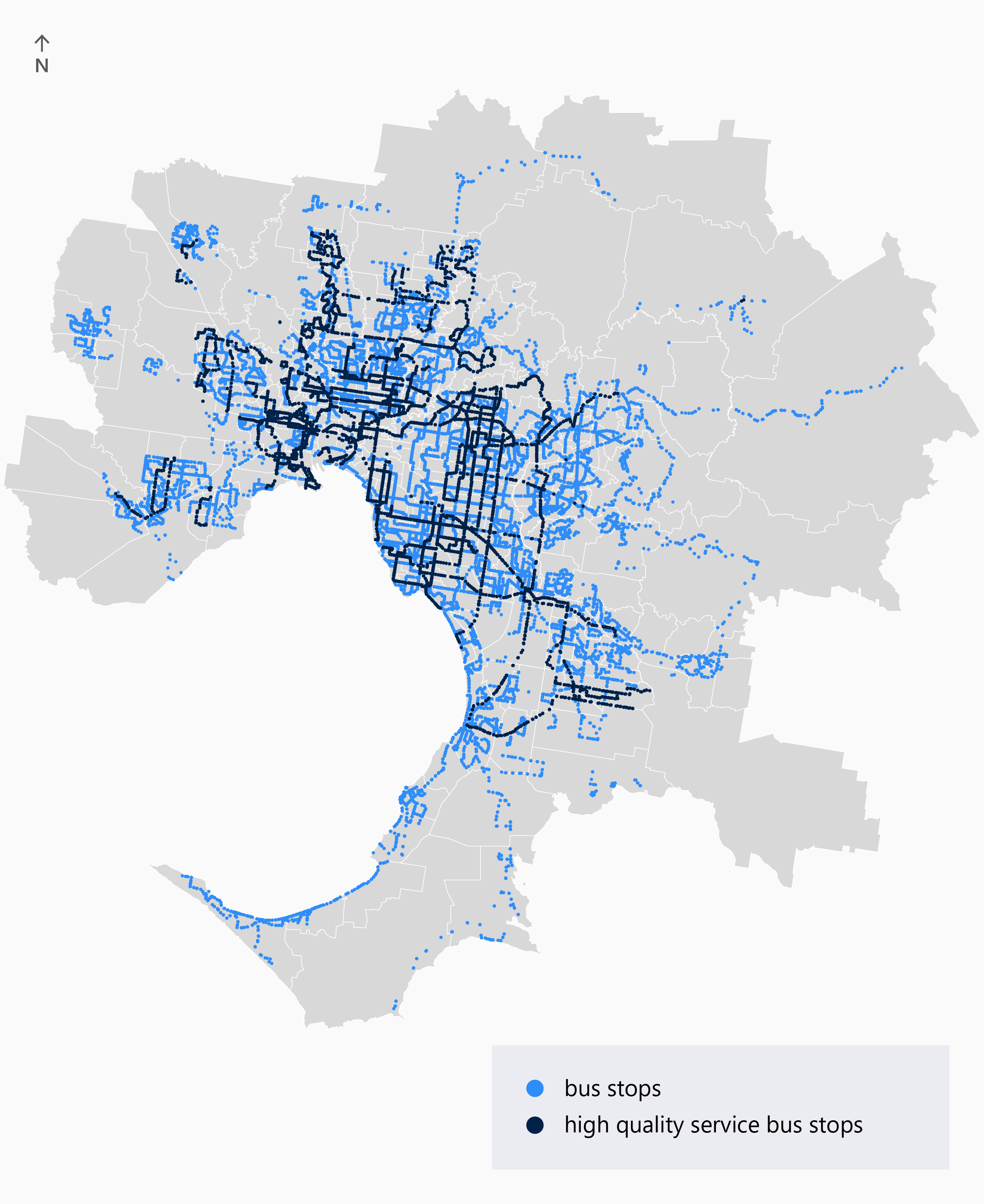 In metropolitan Melbourne, 87 per cent of households had a bus service within 400 metres, but only 26 per cent of households had a high quality bus service within 800 metres. Bus stops are concentrated in the inner, eastern and south-eastern suburbs, and become progressively fewer in the outer suburbs. High quality service bus stops are concentrated in the inner, eastern and south-eastern suburbs, within a smaller range than bus stops.