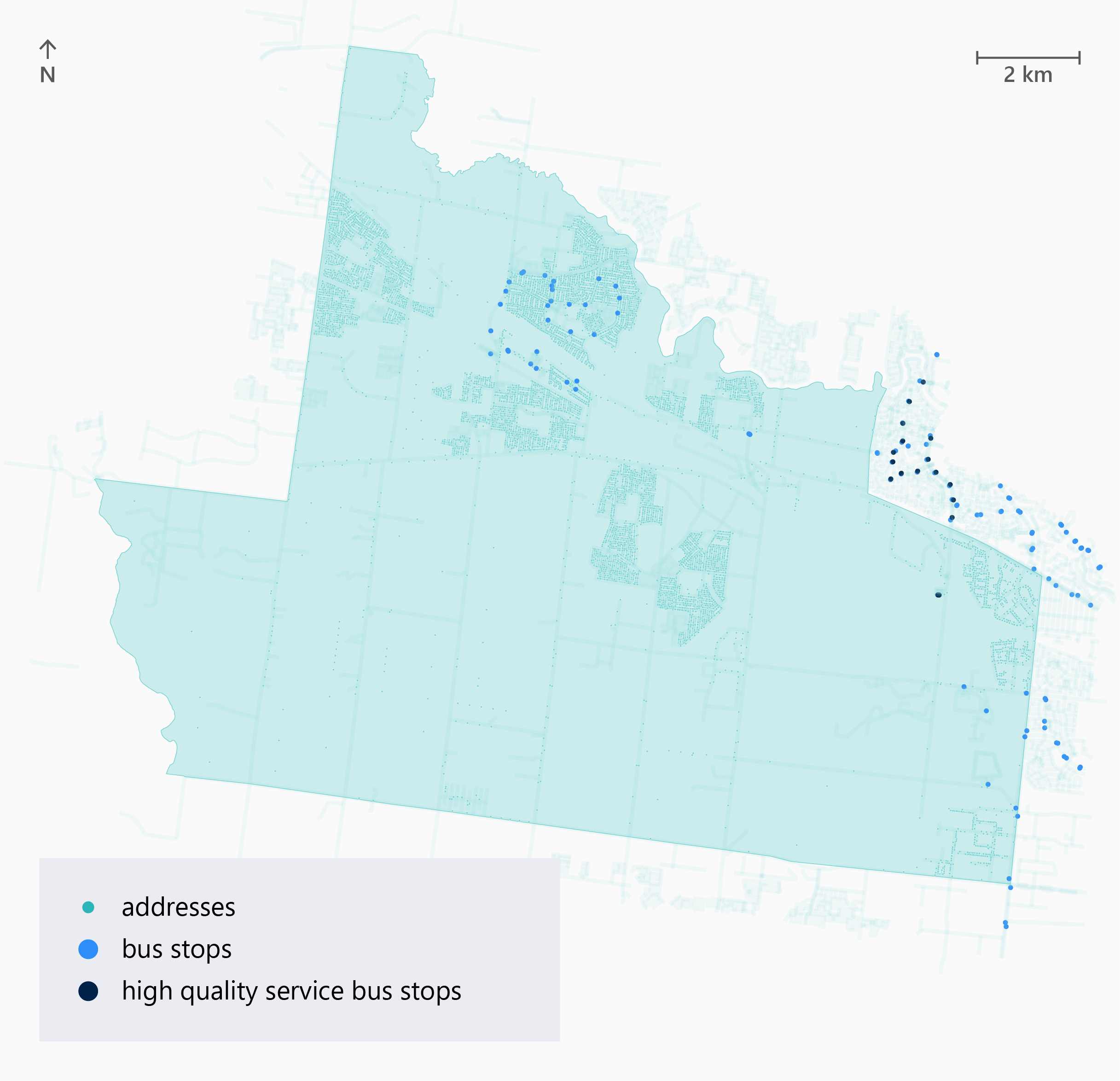 In the Rockbank – Mt Cottrell community, less than 23 per cent of the population has access to a bus service within 400 metres. Bus stops are concentrated in a part of the northern section of the community, and just outside the eastern boundaries. There are no high-quality service bus stops inside the community boundaries, and only a handful outside the north-east boundary.