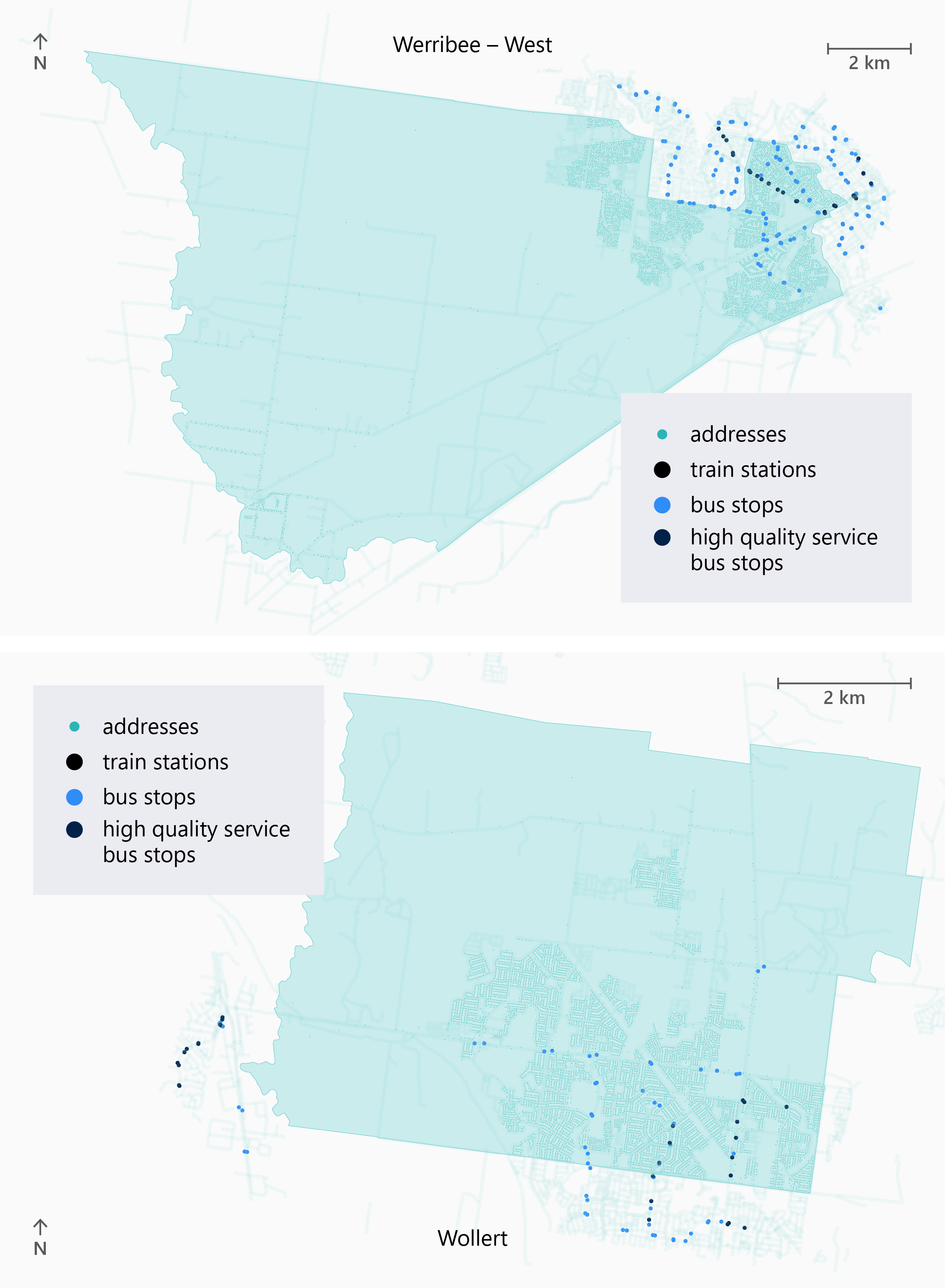 In the Werribee – West community, about half the population has access to a bus service within 400 metres. Bus stops and train stations are located in and just outside of the north-east section of the community boundary. In the Wollert community, about half the population has access to a bus service within 400 metres. Bus stops, train stations and high-quality service bus stops are located in and just outside the south section of the community boundary, with a few outside the south-western boundary.