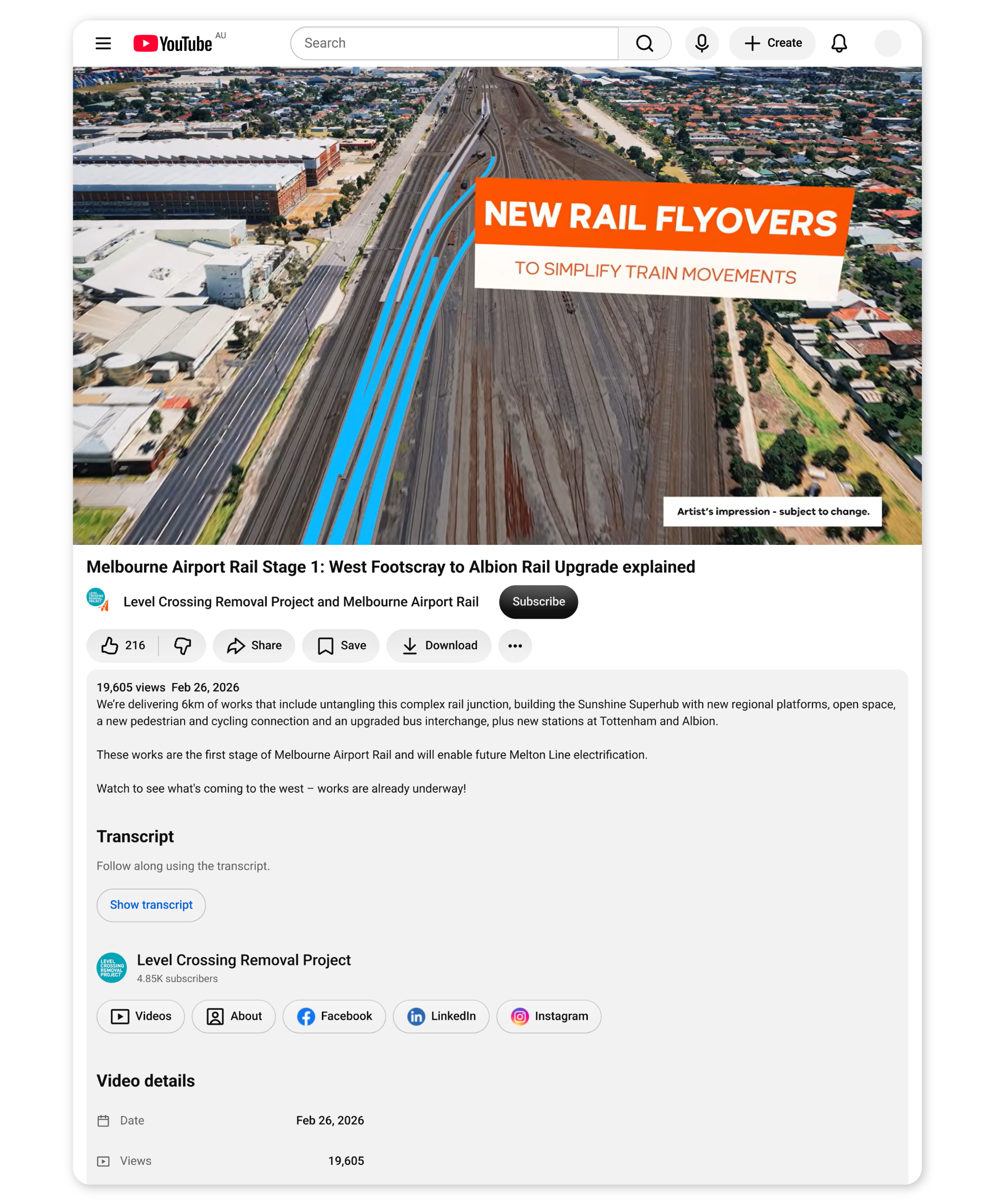 Screenshot of a video on YouTube titled ‘Melbourne Airport Rail Stage 1: West Footscray to Albion Rail Upgrade explained’. The video was posted by the Level Crossing Removal Project account. The video image shows an artist’s impression of new rail flyovers at a rail junction.