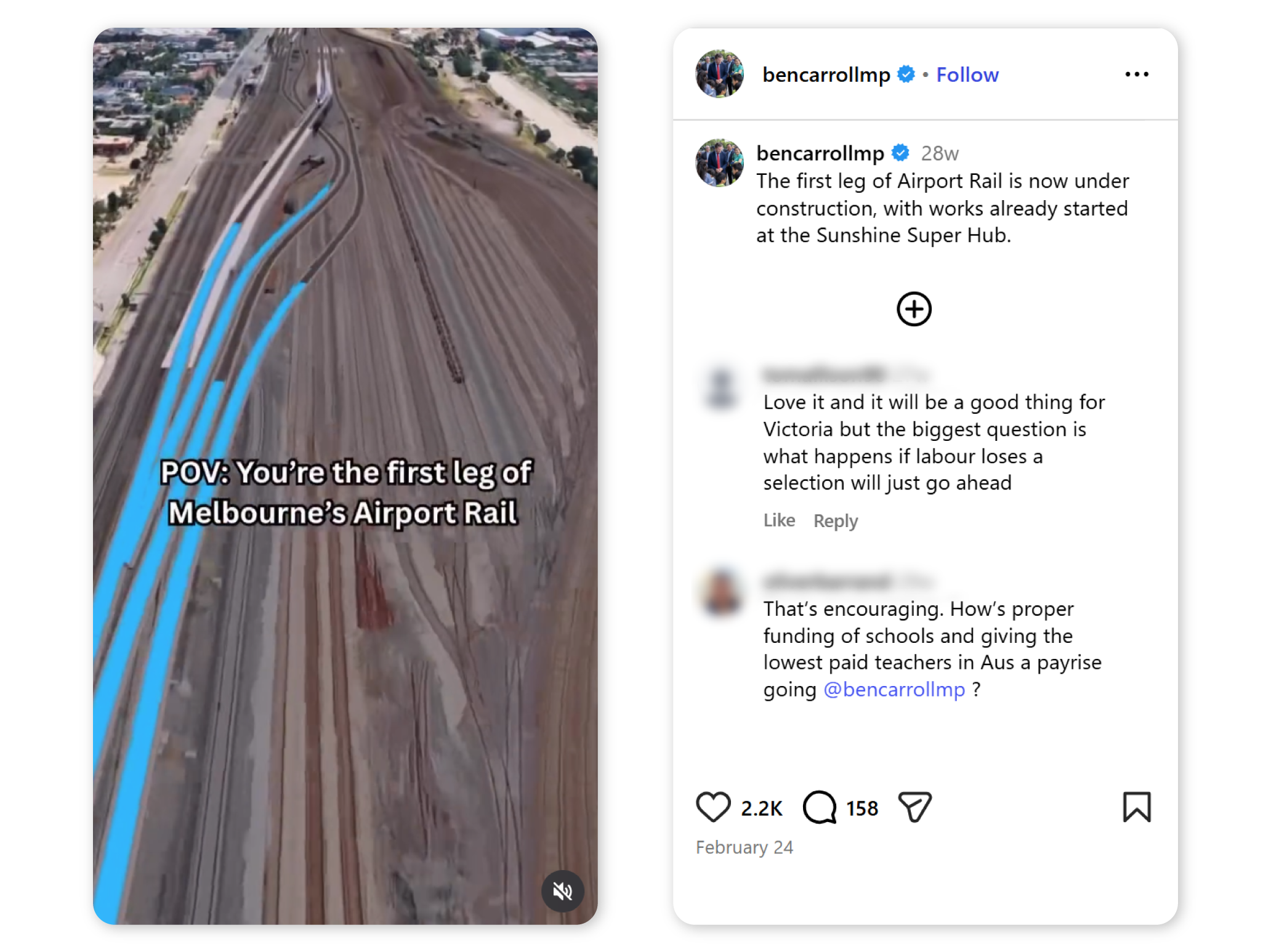 Screenshot of an Instagram post by bencarrollmp, which repurposes a YouTube video posted by the Level Crossing Removal Project account. The video image shows an artist’s impression of new rail flyovers at an existing rail junction with the text ‘POV: You’re the first leg of Melbourne’s Airport Rail’. A second screenshot of the caption shows that the post does not include attribution. 