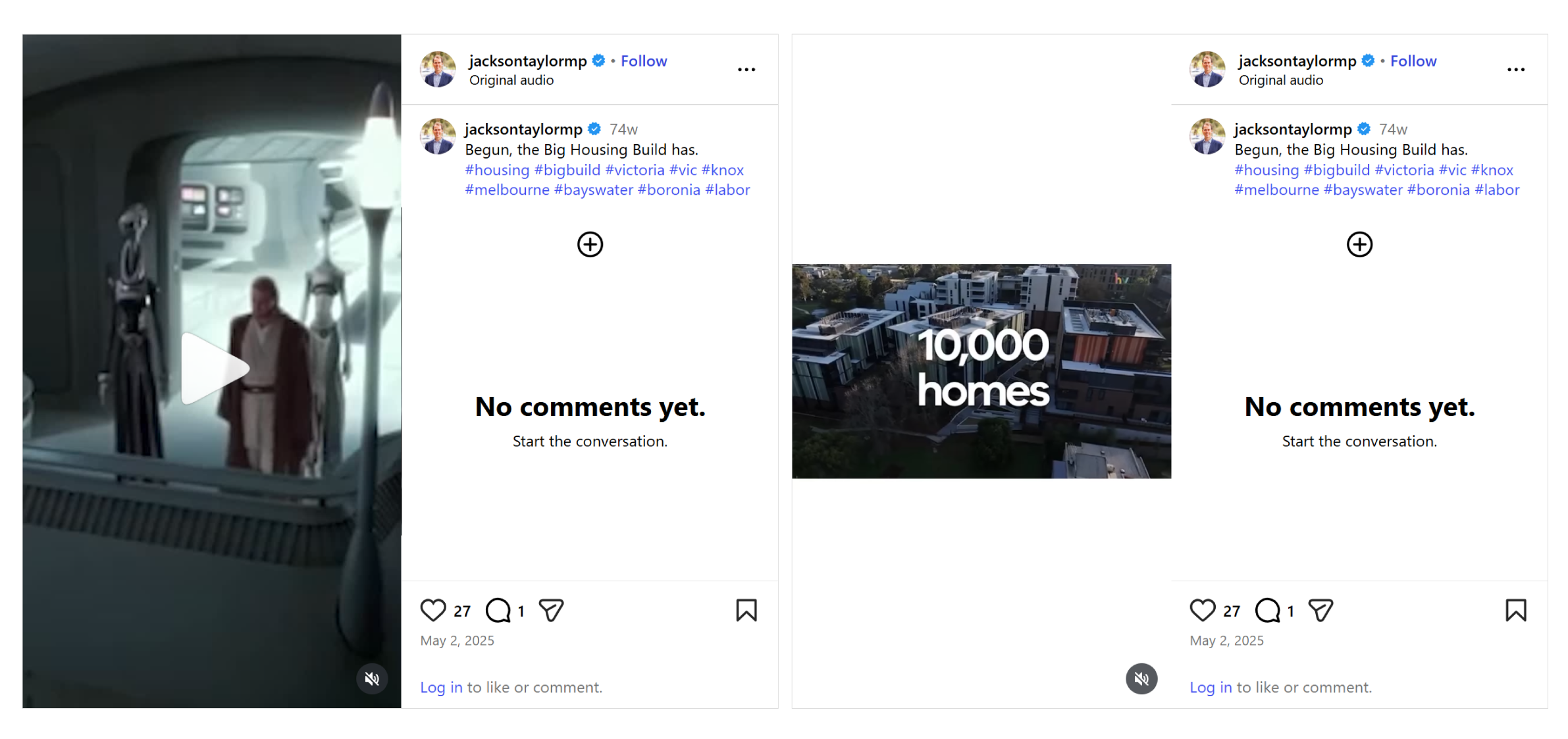 Screenshot of an Instagram post by jacksontaylormp showing a video from a Star Wars movie, with the caption ‘Begun, the Big Housing Build has’. A second screenshot shows another Instagram post by jacksontaylormp with a photo of a group of apartment buildings with the text ‘10,000 homes’ overlaid. This image is from a Homes Victoria YouTube video. The caption says ‘Begun, the Big Housing Build has’. Neither post includes an attribution.