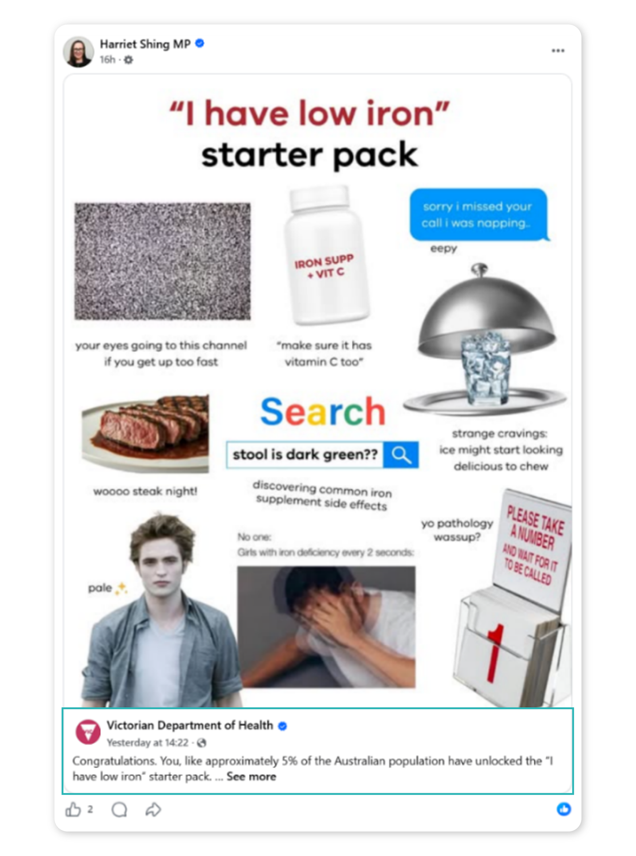 Screenshot of a Department of Health Facebook post, shared by Harriet Shing MP. The post includes images and phrases depicting symptoms of low iron under the title ‘“I have low iron” starter pack’. 