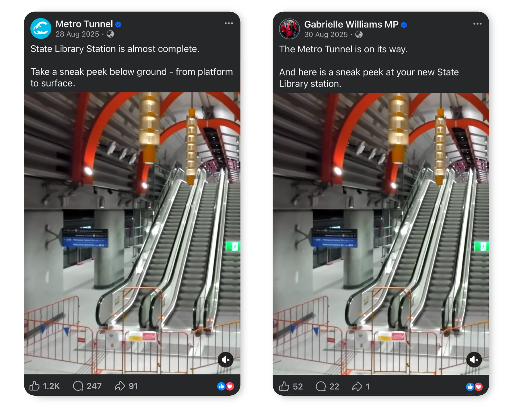 Screenshot of a Facebook post by metrotunnelvic showing a photo of the interior of State Library Station, with the text ‘State Library Station is almost complete. Take a sneak peek below ground - from platform to surface’. A second screenshot is a Facebook post by Gabrielle Williams MP showing the same photo of State Library Station, with the text ‘The Metro Tunnel is on its way. And here is a sneak peek at your new State Library station’.