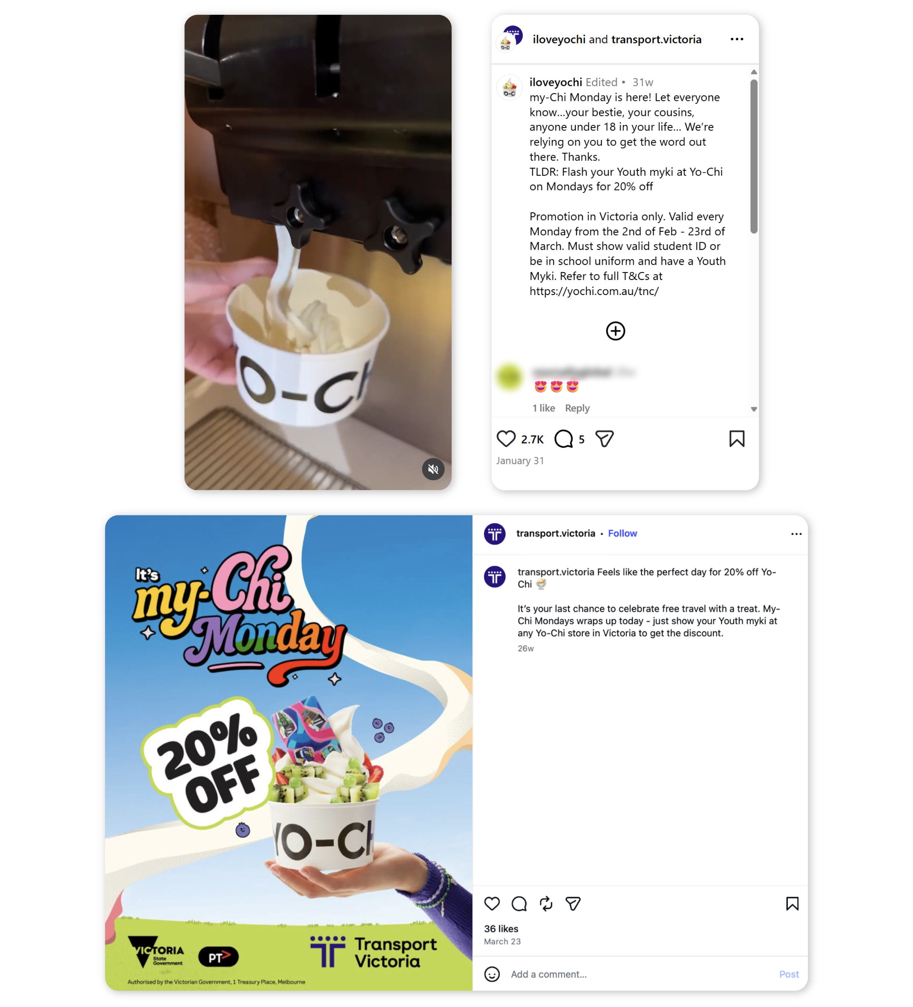 Screenshots of 2 Instagram posts. The first post, by iloveyochi, shows frozen yoghurt being dispensed into a cup. The caption shows that the post is co-authored by iloveyochi and transport.victoria and the caption includes details of the promotion. The second post, by transport.victoria, features a graphic of a hand holding a cup of Yo-Chi frozen yoghurt decorated with fruit and a Youth myki card, with text ‘It’s my-Chi Monday. 20% off’. The caption includes details of the promotion.
