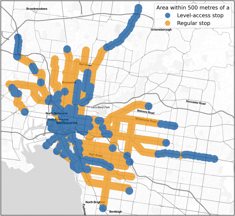 FIGURE 2O: Population density of greater Melbourne and the tram network