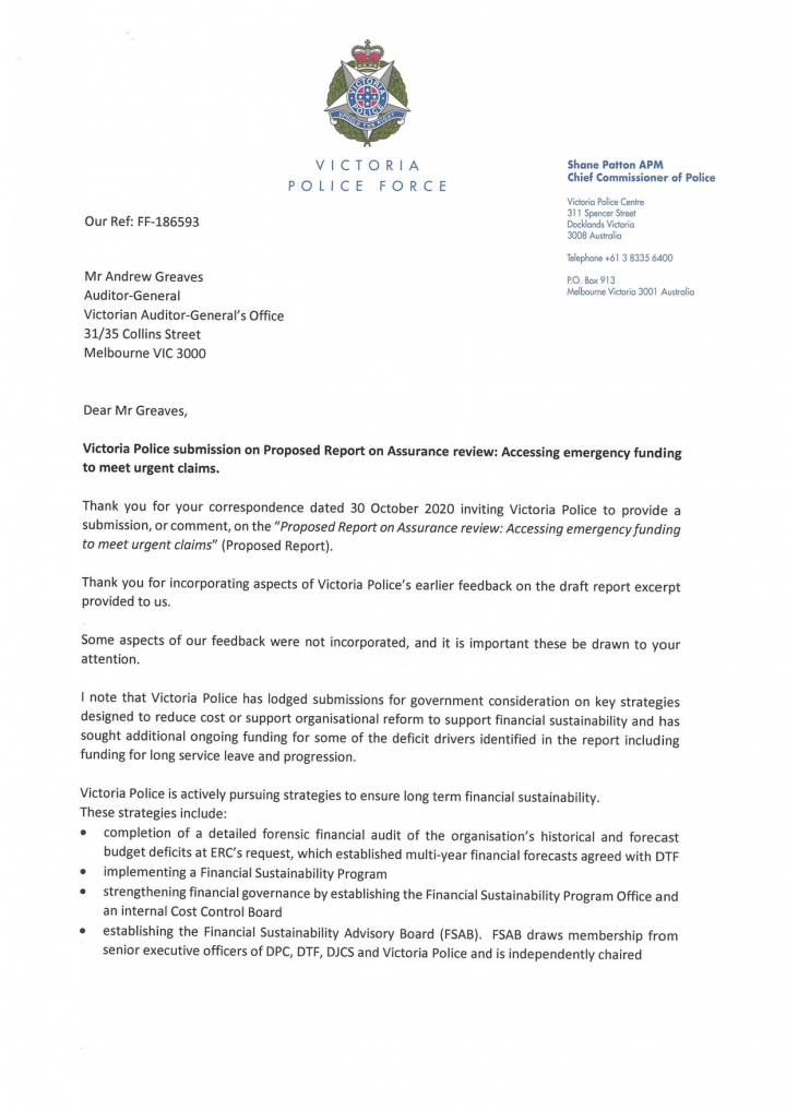 Victoria Police's response letter page 1