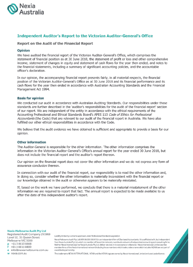 Independent Auditor's Report to the Victorian Auditor-General's Office, page 1.