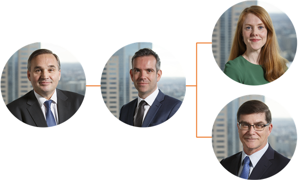 Flow chart showing organisational structure.  Tier one is Auditor-General Andrew Greaves, tier two is Deputy Auditor-General David Barry, Tier 3 are Assistant Auditor-General, Financial Audit Bill Gilhooly and Assistant Auditor-General, Performance Audit Renee Cassidy.