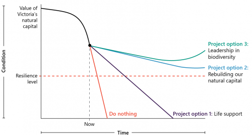 FIGURE B: DELWP's predicted impacts of funding options in its Biodiversity 2037 business case