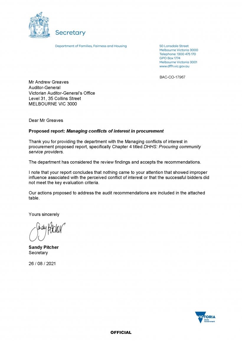 DFFH response to VAGO Managing conflicts of interest in procurement review.png