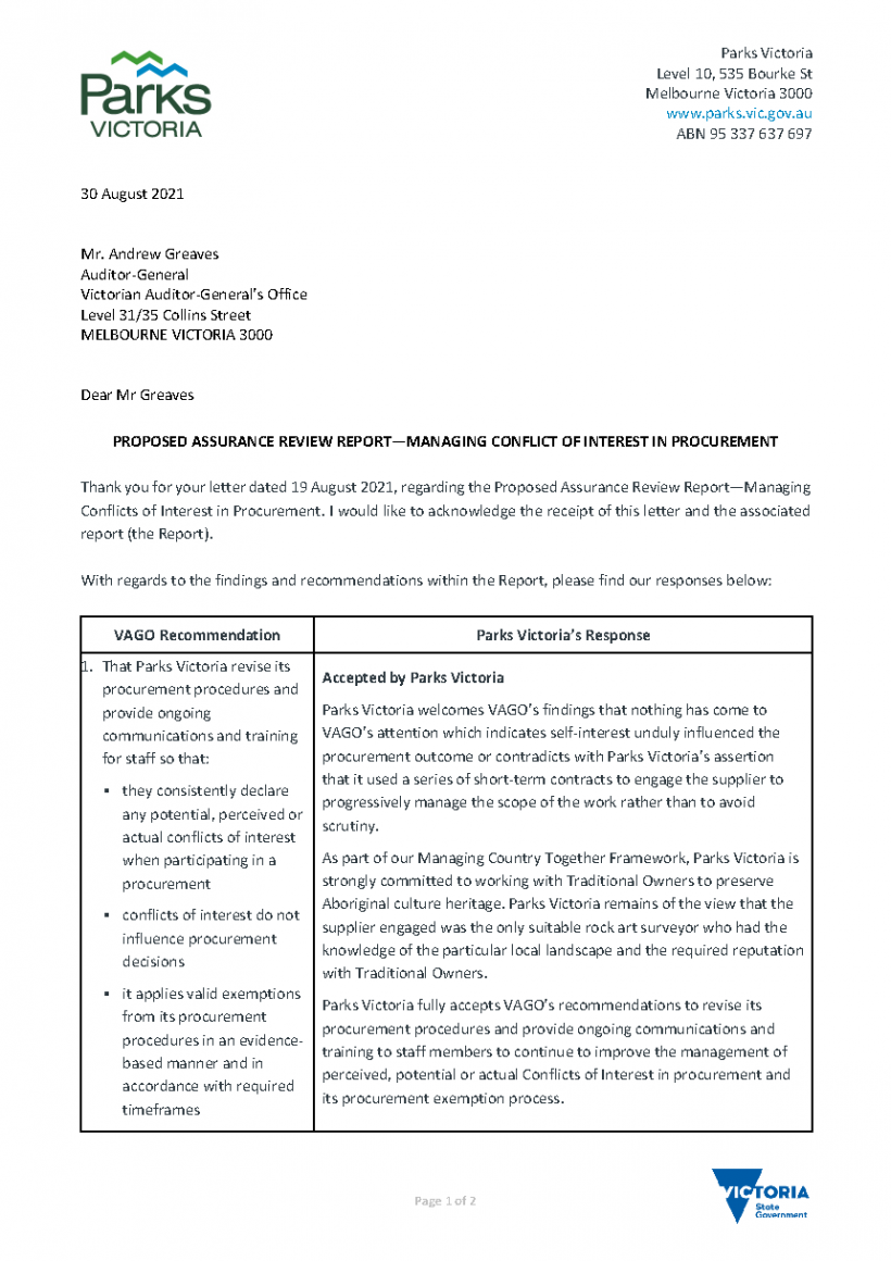 Parks Victoria 20210830 Andrew Greaves VAGO_Proposed Assurance Review Report Managing Conflict of Interest in Procurment_Page_1.png