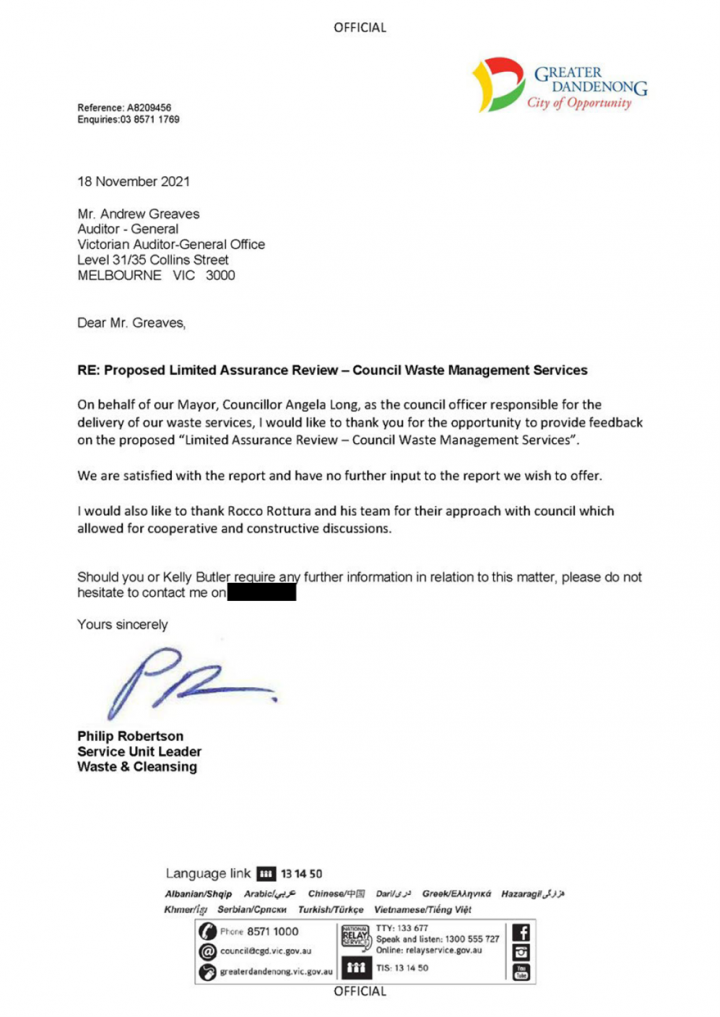 Greater Dandenong City Council response letter
