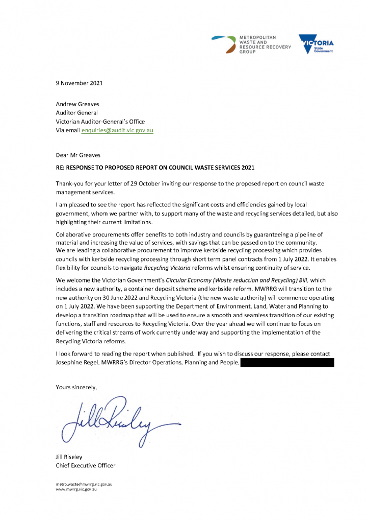 Metropolitan Waste and Resource Recovery Group response letter